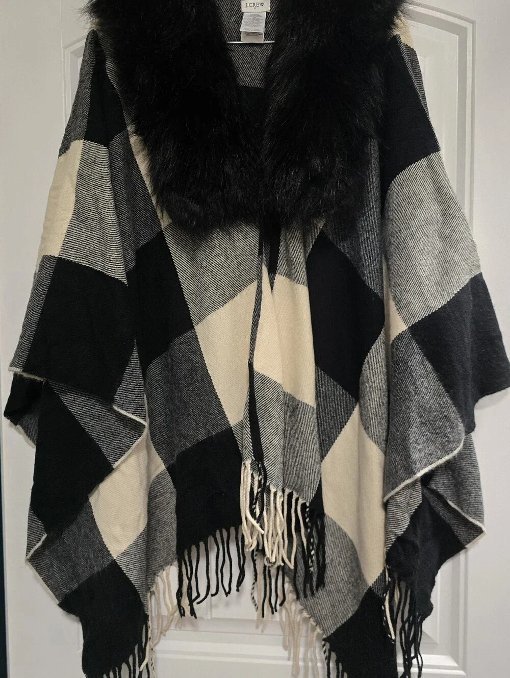 J.Crew One Size Faux Fur Collar Plaid Jacket Cape Shawl Poncho Black Fringe O/S